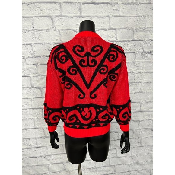 Rose Metallic Knit Black & Red Pullover Round Neck  Long Sleeve Sweater 90s Sz L - Picture 5 of 5